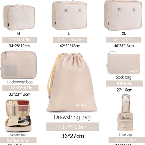 8 Set Packing Cubes Luggage Organizer Bags for Travel Accessories-Cream - Picture 2 of 7